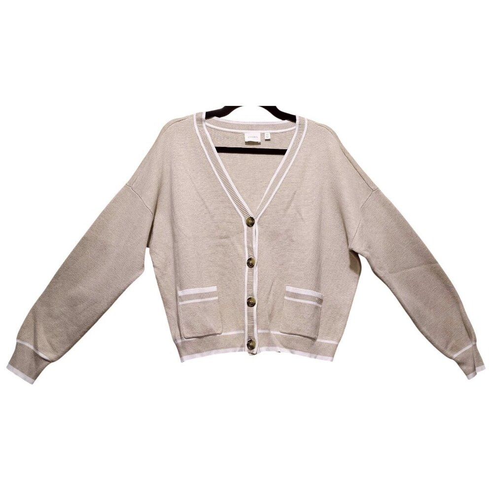 Cyrus Beige V-Neck Cardigan with White Trim